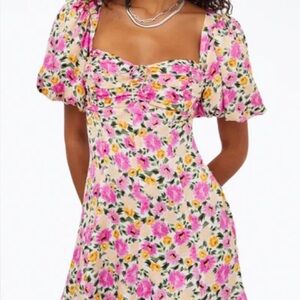 For Love and Lemons Ladies Sasha Floral-Print Puff Sleeve Mini Dress Pink Floral